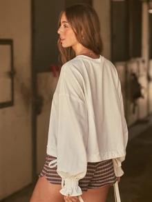 WESTFADE Sudadera Oversize de Manga Larga con Volantes y Lazos Laterales - Blanco - Ver 3