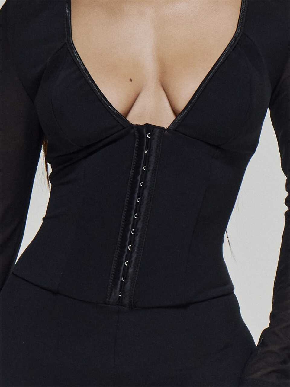 Deep V Plunge Eyelet Fastening Fitted Long Sleeve Capri Jumpsuit