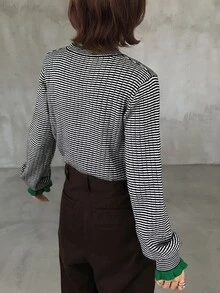 FRIFUL Women's Striped Round Neck Drop Shoulder Long Sleeve Loose Sweater - Black - View 2