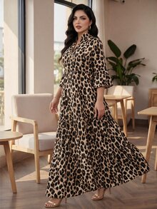 SHEIN Lady CURVE 大尺碼時尚百搭豹紋度假洋裝 - 彩色 - 查看 6
