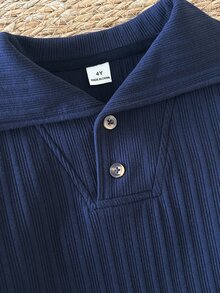 SHEIN 男童春秋深藍色羅紋領長袖襯衫，紳士簡約百搭舒適休閒款，適合室內/戶外活動及多種場合 - 藏蓝色 - 查看 6