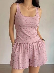 DAZY Ditsy Floral Print Lettuce Trim PJ Set - Pink - View 4