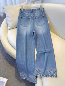 GlowEve 花卉刺繡波浪邊寬腿牛仔褲 - 中等水洗藍 - 查看 3