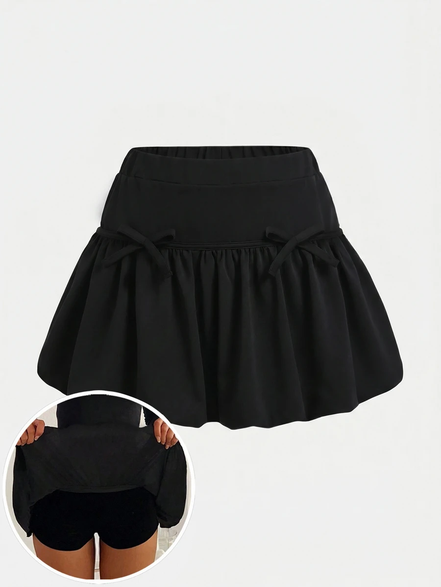 SHEIN Teen Girl Solid Elastic Waist Bow Detail Bubble Skort - Black - View 1
