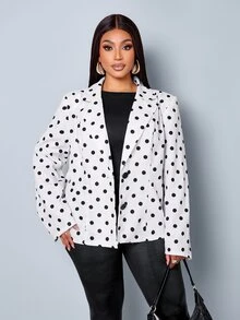 SOLERSUN Plus Polka Dot Print Belted Blazer - Black and White - View 7