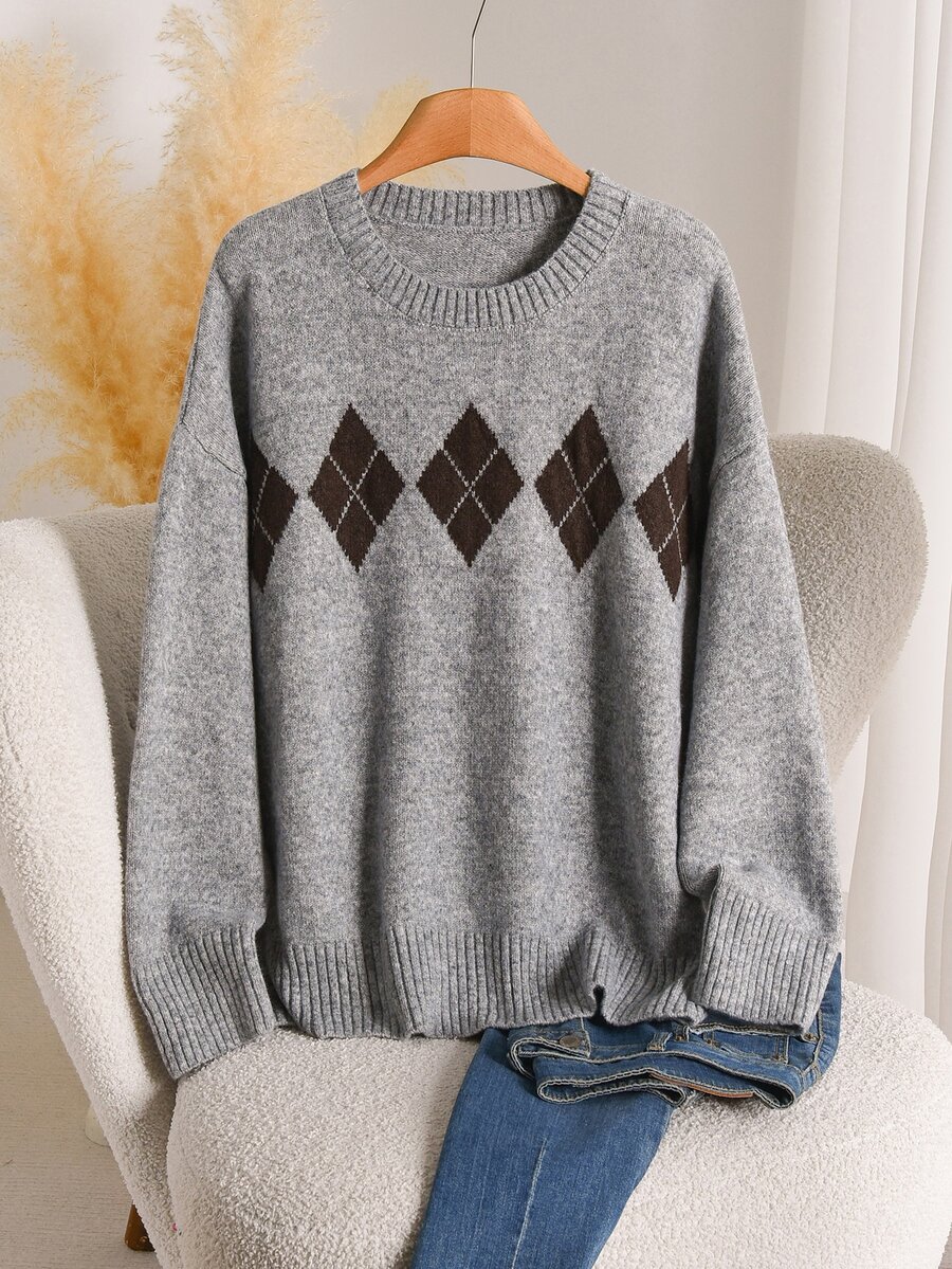 CosyJoli Plus Argyle Pattern Drop Shoulder Sweater
