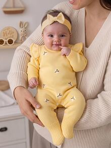 SHEIN Baby Girl Floral Pattern Ruffle Trim Knit Autumn Jumpsuit With Headband - Yellow - View 1