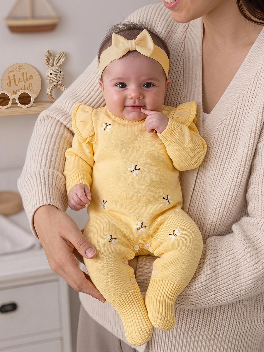 SHEIN Baby Girl Floral Pattern Ruffle Trim Knit Autumn Jumpsuit With Headband - Yellow - View 1