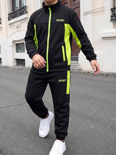 SHEIN Buy 1 Get 1 Free Kids Tween Boy Casual Sports Graphic Neon Green Sweatshirt Black Sweatshirt Jacket Outerwear Black Jogger Pants Set, Suitable For Fall/Winter, School, Family Gatherings, Vacation, Party, FallOutfit, WinterOutfit