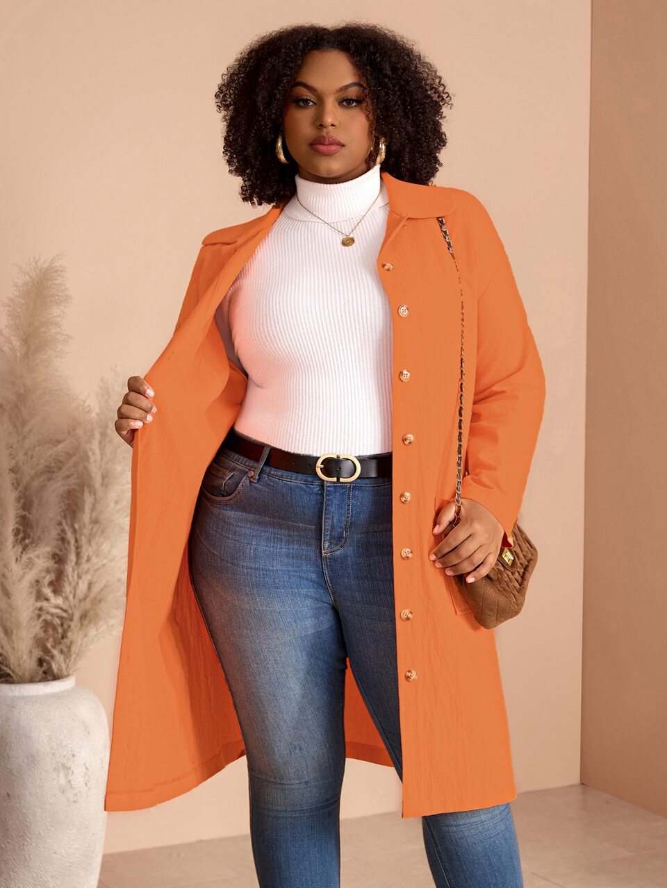 Plus Size Women's Autumn/Winter Casual Vacation Country Double Pocket Button Placket Midi Coat Fall Clothes Solid Orange Vintage Halloween Office Work
