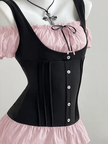 Elamini เสื้อยืด 2 in 1 แต่งสีบล็อก ชายระบาย ติดกระดุมด้านหน้า - สีชมพู - ดู 4