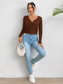 SHEIN PETITE Women Lightweight Cardigans - Chocolate Brown - View 8