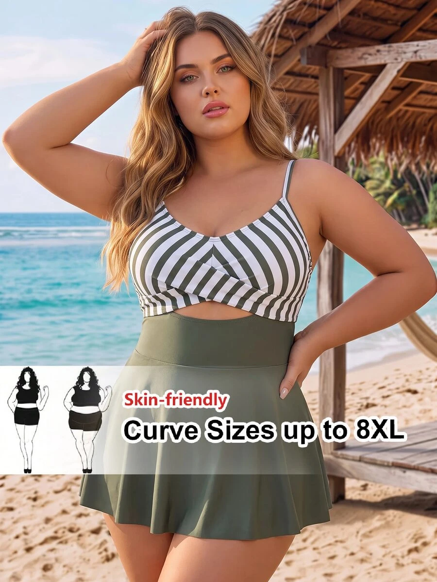 SHEIN CURVE+ Gaun Renang Ukuran Besar Warna Hijau Zaitun Model Silang dengan Potongan, Cocok untuk Liburan Pantai Musim Panas, Gaya Hawaii yang Sopan - Hijau Tentara - View 1