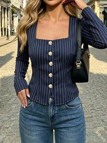 SHEIN Striped Print Square Neck Blouse - Navy Blue - View 2