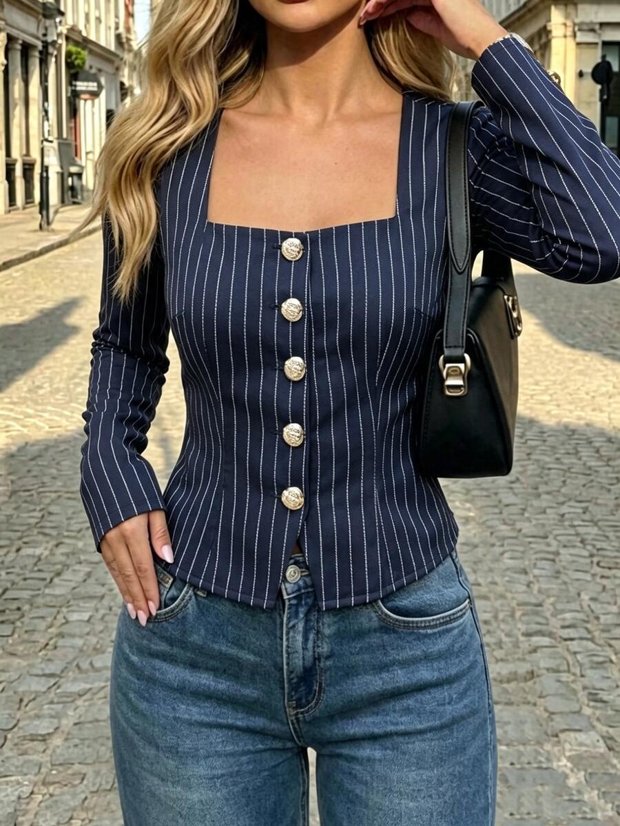 SHEIN Striped Print Square Neck Blouse