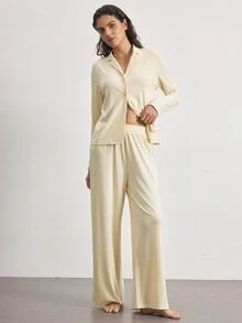 Ocili Conjunto de pijama de color sólido con botones delanteros - Amarillo - Ver 2
