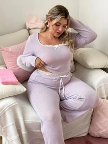 Slumberry CURVE Plus Size Lace Patchwork Bow Decor Top & Pants Pajama Set - Dusty Purple - View 5
