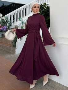 DAZY Women's Elegant Fashion Pleated Waist Long Sleeve Dress Fall - Burgundy - View 5