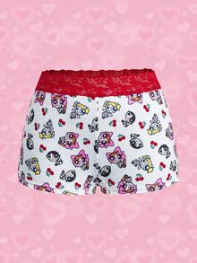 THE POWERPUFF GIRLS X SHEIN Women's Contrast Lace Cartoon Print Boxer Shorts - Red and White - View 6