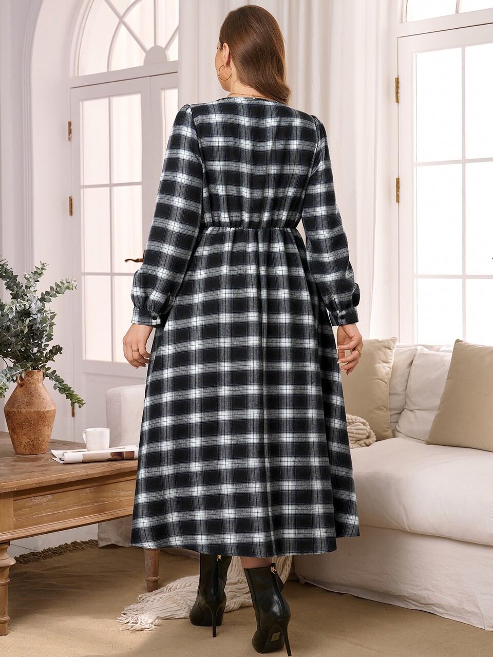 Women's Plus Size Plaid Round Neck Long Sleeve Dress Fall Clothes For Women  Fall Winter 2026 Retro Casual Plaid Maxi Skirt