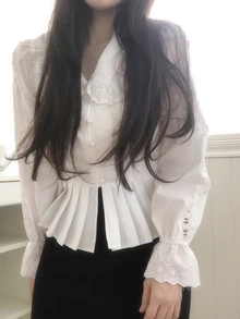 DAZY Solid Schiffy Ruffle Trim Flare Sleeve Pleated Hem Shirt Vacation - White - View 7