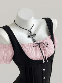 Elamini เสื้อยืด 2 in 1 แต่งสีบล็อก ชายระบาย ติดกระดุมด้านหน้า - สีชมพู - ดู 6