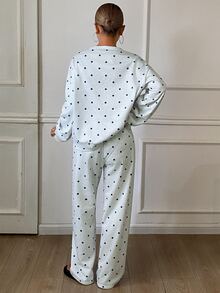 Livesso Letter And Polka Dot Print Drop Shoulder PJ Set - Grey - View 2