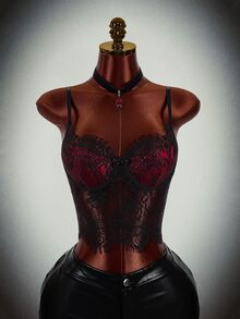 Amplova Halloween Color-Block Lace Top With Sheer Effect, Extremely Sexy, Suitable For Nightclub Parties And Gatherings. - Black - View 2