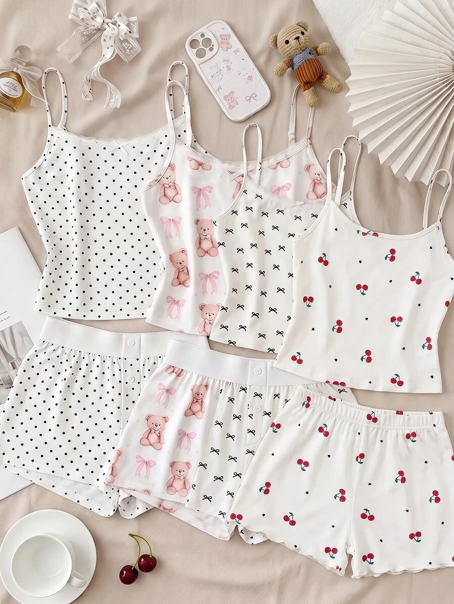 SHEIN 青少年女孩 3 件組波點與卡通圖案睡衣套裝 - 彩色 - 查看 1