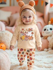 SHEIN Baby Girl Halloween Cartoon Graphic Pajamas Set - Pink - View 1