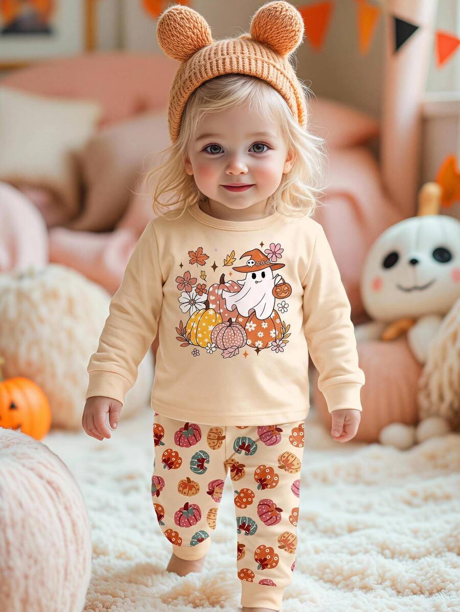 SHEIN Baby Girl Halloween Cartoon Graphic Pajamas Set - Pink - View 1