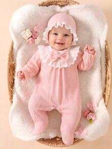 SHEIN 2pcs Newborn Baby Girl Footed Jumpsuit Sweet Pink Bow Eyelet Lace Ruffle Hat Long Sleeve Round Neck Regular Birthday Autumn Ballet First Birthday - Pink - View 7