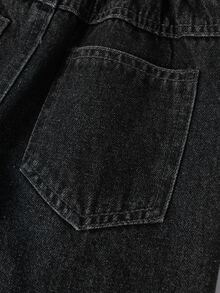 SHEIN Elladie kids 少女彈性腰保暖內裡牛仔褲 - 黑色 - 查看 4