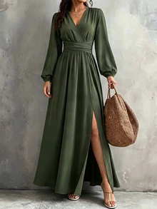 Wandoria Lantern Sleeve Split Thigh Dress - Green - View 1
