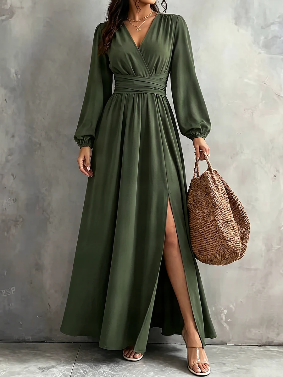 Wandoria Lantern Sleeve Split Thigh Dress - Green - View 1