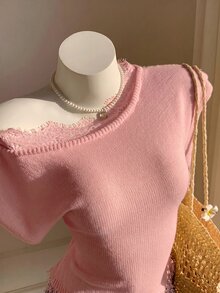 Comfortcana 女款純色蕾絲拼接不對稱領針織上衣 - 粉色 - 查看 6