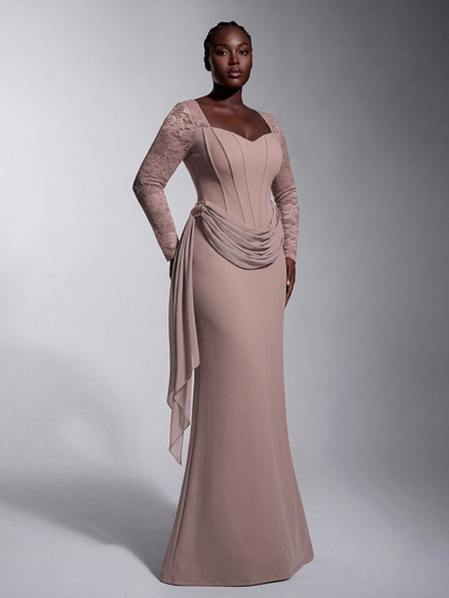 Elitara Plus Size Elegant Romantic Fashion Grey Pink Stretch Fabric Bandeau Boning Decor Metal Decor Back Slit Sheer Lace Long Sleeve Elegant Party Dress Wedding Guest Dress Grey Pink Dress Fashion Elegant Bridesmaid Dress