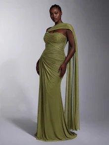 Elitara Plus Size Classy Olive Green Knit Mesh One Shoulder Slimming Ruched Asymmetrical Floor Length Mermaid Evening Gown Dinner Women Fall New Year - Green - View 8