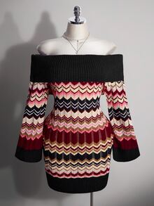 SHEIN ICON Women's Plus Size Colorful Striped Off-Shoulder Sweater Dress - Multicolor - View 3