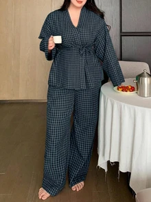 Dazy Plus Pantalón de pijama con cordón y estampado a cuadros, conjunto de ropa de dormir para casa para todas las estaciones - Azul Marino - Ver 3