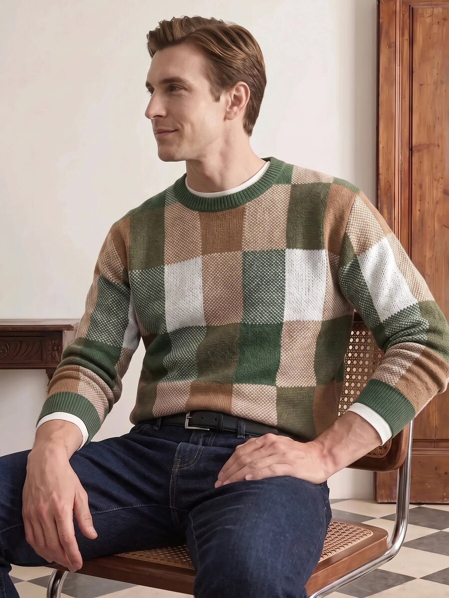 Manfinity CityGents Men Plaid Pattern Round Neck Sweater - Army Green - View 1