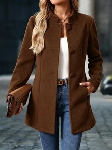 Yalmera Fall Clothes FOR WomenSolid Single Breasted Overcoat - Coffee Brown - View 1