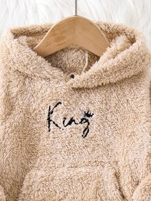 SHEIN 男嬰字母刺繡袋鼠口袋插肩袖泰迪絨連帽衛衣與長褲套裝 - 彩色 - 查看 6