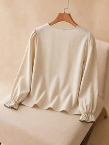 Elaquor Plus Floral Embroidery Flounce Sleeve Blouse Fall - Apricot - View 2