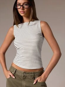 Athîral Striped Print Slim Fit Crop Tank Top - White - View 5