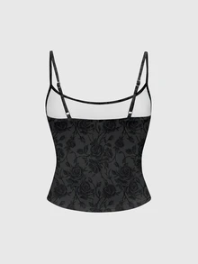 ROMWE Goth Allover Floral Print Slim Fit Cami Top - Black - View 2