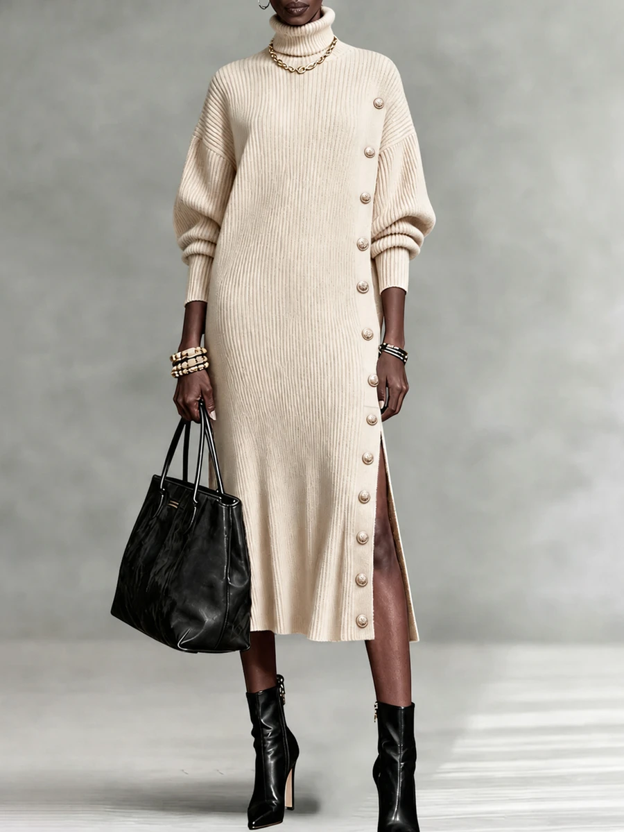 SHEIN Turtleneck Button Detail Split Thigh Sweater Dress - Apricot - View 1