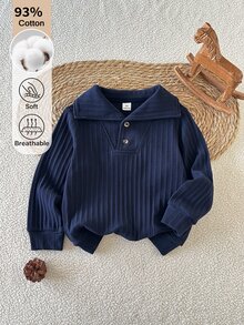 SHEIN 男童春秋深藍色羅紋領長袖襯衫，紳士簡約百搭舒適休閒款，適合室內/戶外活動及多種場合 - 藏蓝色 - 查看 4