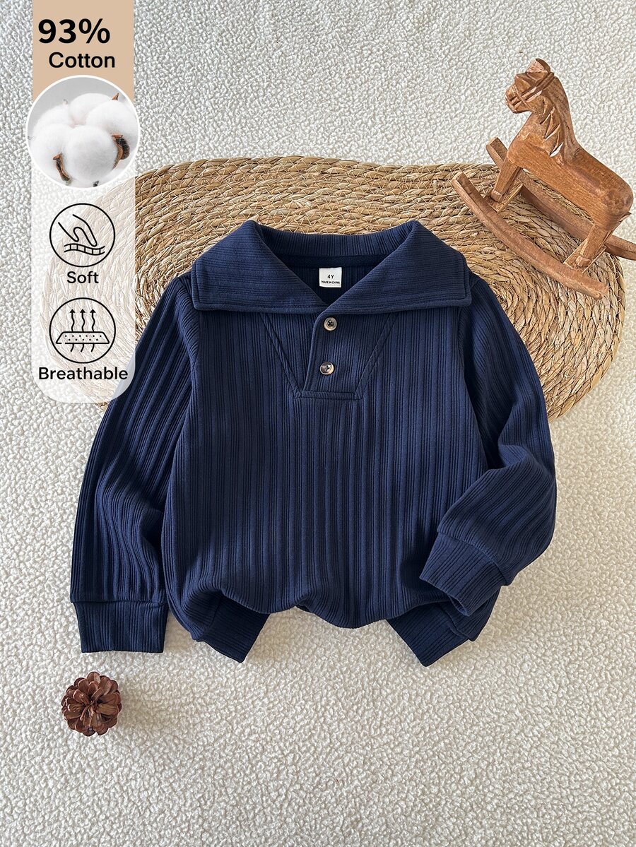 SHEIN Boys' Spring/Autumn Deep Blue Ribbed Collar Long Sleeve Shirt, Gentleman Minimalist Versatile Comfortable Casual Suitable For Indoor/Outdoor Activities And Multiple Occasions - Navy Blue - View 1