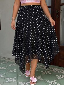 GalTyme Plus Size Summer Elegant Polka Dot Print Asymmetrical Hem Skirt - Black and White - View 6